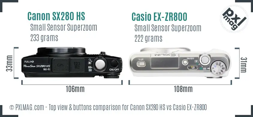 Canon SX280 HS vs Casio EX-ZR800 top view buttons comparison