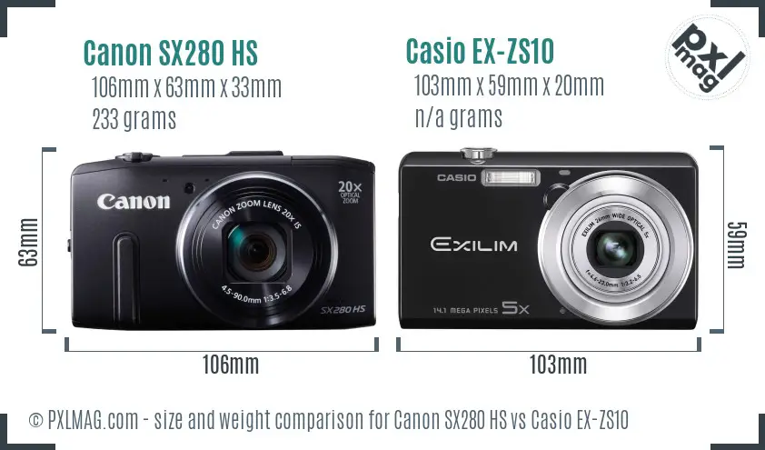 Canon SX280 HS vs Casio EX-ZS10 size comparison