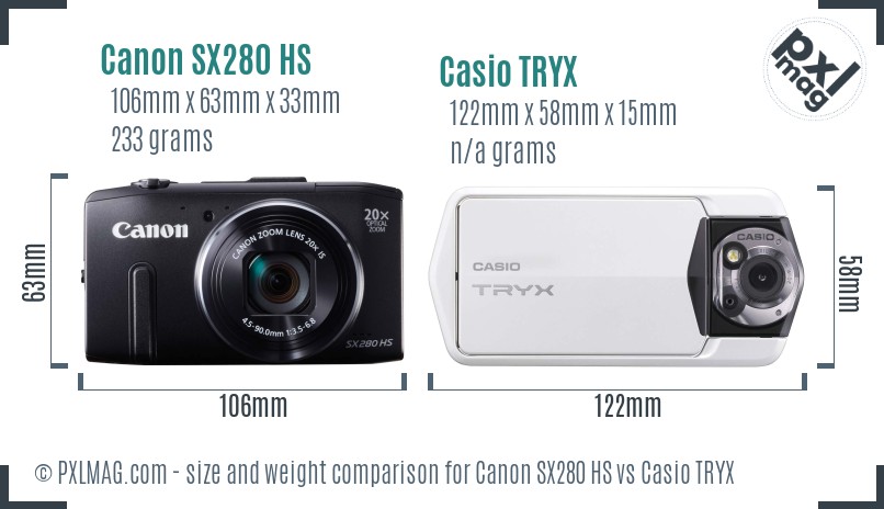 Canon SX280 HS vs Casio TRYX size comparison