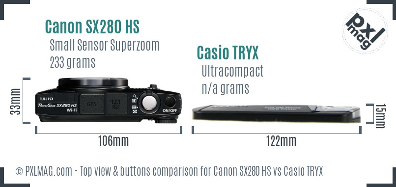 Canon SX280 HS vs Casio TRYX top view buttons comparison