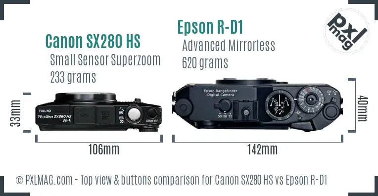 Canon SX280 HS vs Epson R-D1 top view buttons comparison