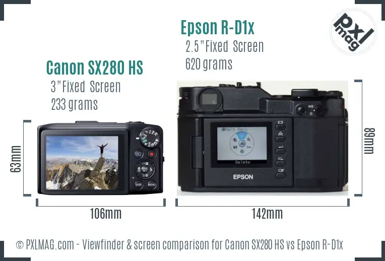Canon SX280 HS vs Epson R-D1x Screen and Viewfinder comparison