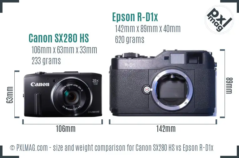 Canon SX280 HS vs Epson R-D1x size comparison