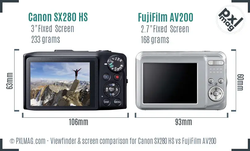 Canon SX280 HS vs FujiFilm AV200 Screen and Viewfinder comparison