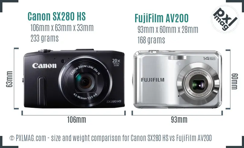 Canon SX280 HS vs FujiFilm AV200 size comparison