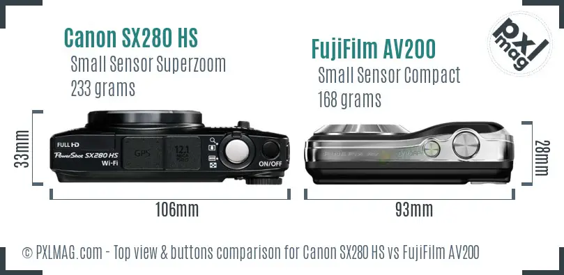 Canon SX280 HS vs FujiFilm AV200 top view buttons comparison