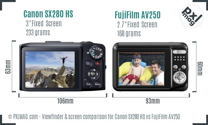 Canon SX280 HS vs FujiFilm AV250 Screen and Viewfinder comparison