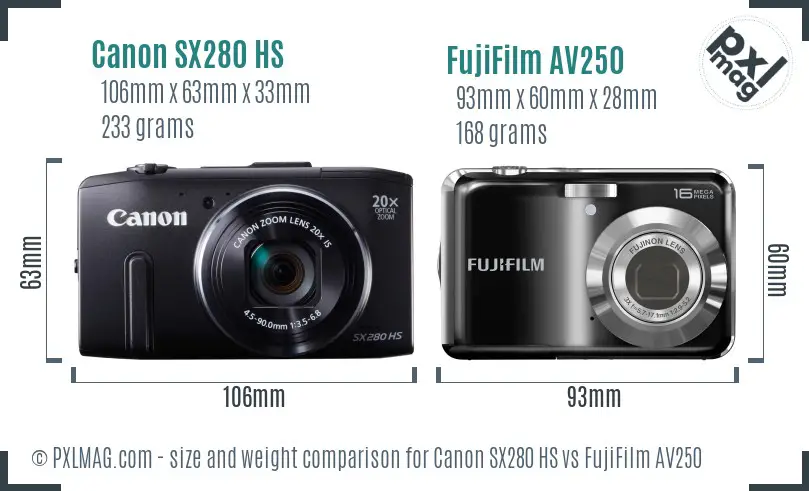 Canon SX280 HS vs FujiFilm AV250 size comparison