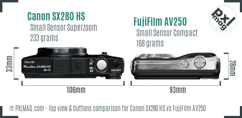 Canon SX280 HS vs FujiFilm AV250 top view buttons comparison