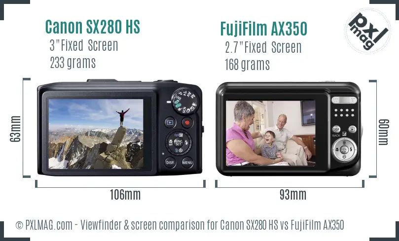 Canon SX280 HS vs FujiFilm AX350 Screen and Viewfinder comparison