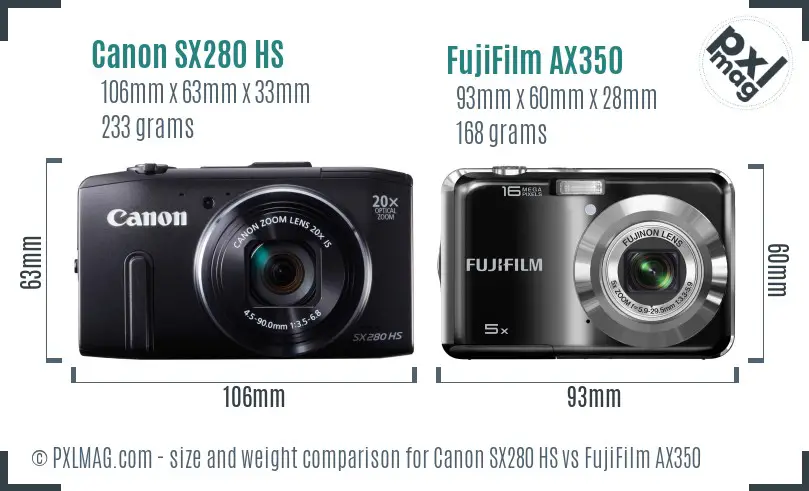 Canon SX280 HS vs FujiFilm AX350 size comparison