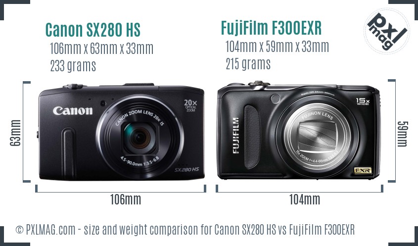 Canon SX280 HS vs FujiFilm F300EXR size comparison