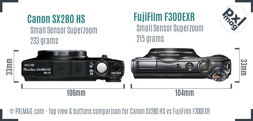 Canon SX280 HS vs FujiFilm F300EXR top view buttons comparison