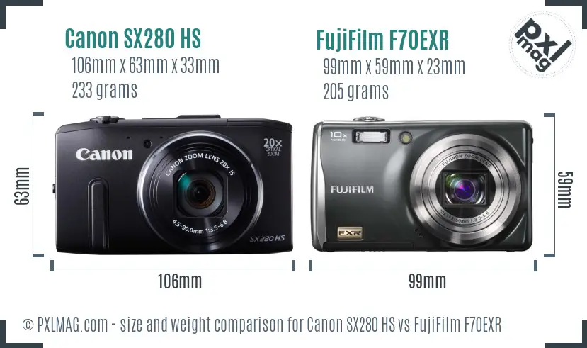 Canon SX280 HS vs FujiFilm F70EXR size comparison