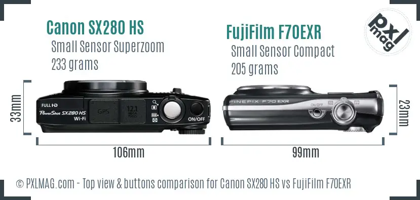 Canon SX280 HS vs FujiFilm F70EXR top view buttons comparison