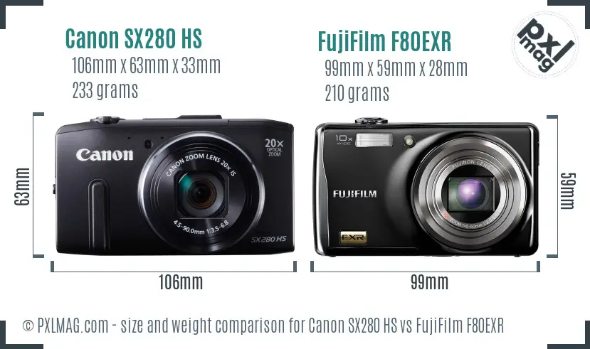 Canon SX280 HS vs FujiFilm F80EXR size comparison