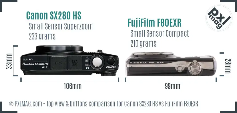 Canon SX280 HS vs FujiFilm F80EXR top view buttons comparison