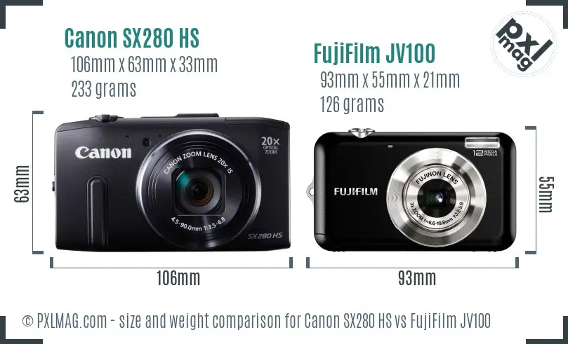 Canon SX280 HS vs FujiFilm JV100 size comparison