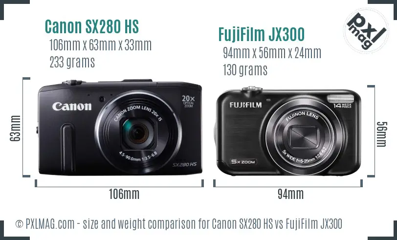 Canon SX280 HS vs FujiFilm JX300 size comparison