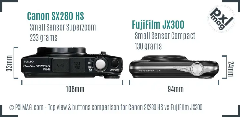 Canon SX280 HS vs FujiFilm JX300 top view buttons comparison