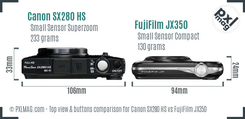Canon SX280 HS vs FujiFilm JX350 top view buttons comparison