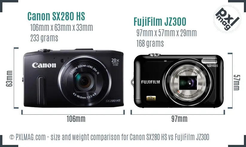 Canon SX280 HS vs FujiFilm JZ300 size comparison