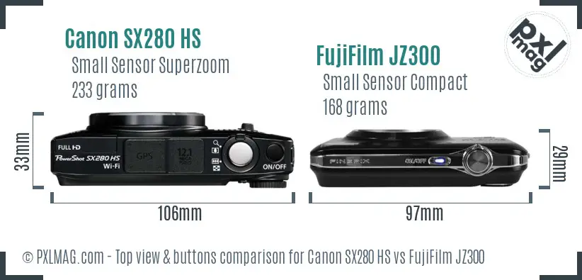 Canon SX280 HS vs FujiFilm JZ300 top view buttons comparison