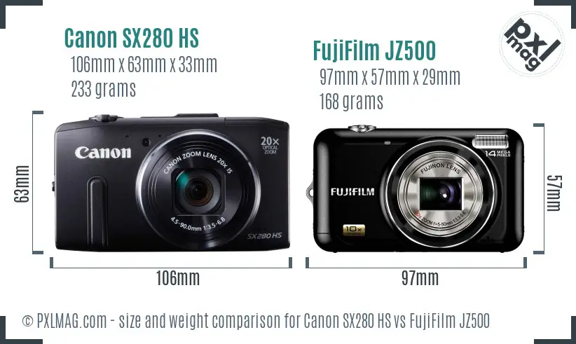 Canon SX280 HS vs FujiFilm JZ500 size comparison Canon SX280 HS vs FujiFilm JZ500 size comparison