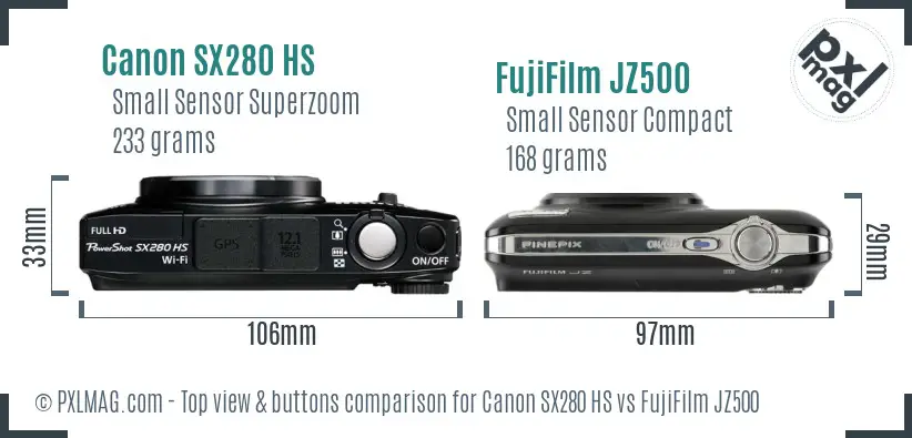 Canon SX280 HS vs FujiFilm JZ500 top view buttons comparison Canon SX280 HS vs FujiFilm JZ500 top view buttons comparison