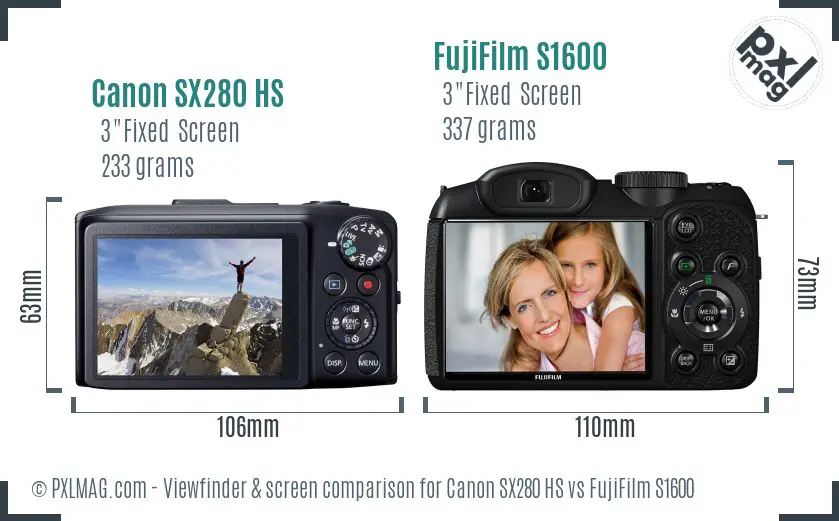 Canon SX280 HS vs FujiFilm S1600 Screen and Viewfinder comparison