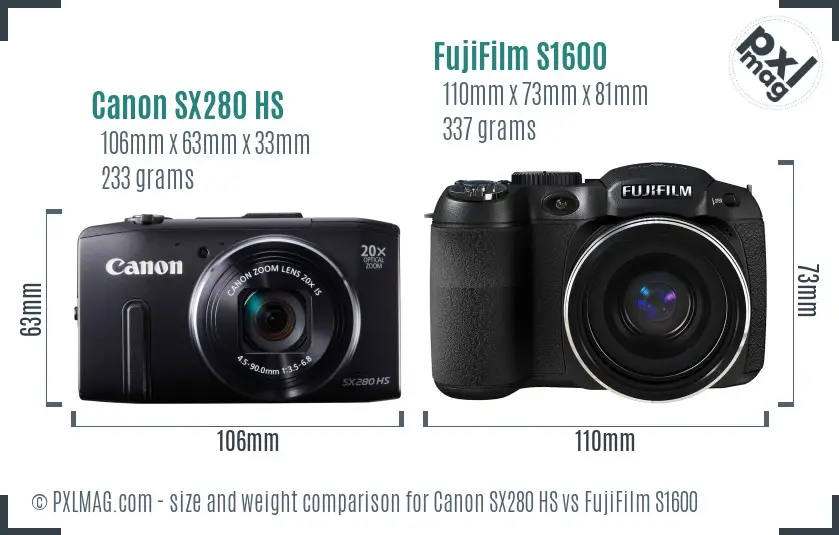 Canon SX280 HS vs FujiFilm S1600 size comparison