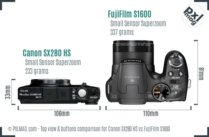 Canon SX280 HS vs FujiFilm S1600 top view buttons comparison