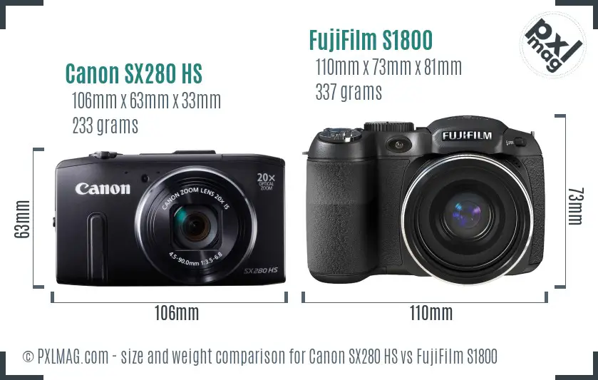 Canon SX280 HS vs FujiFilm S1800 size comparison