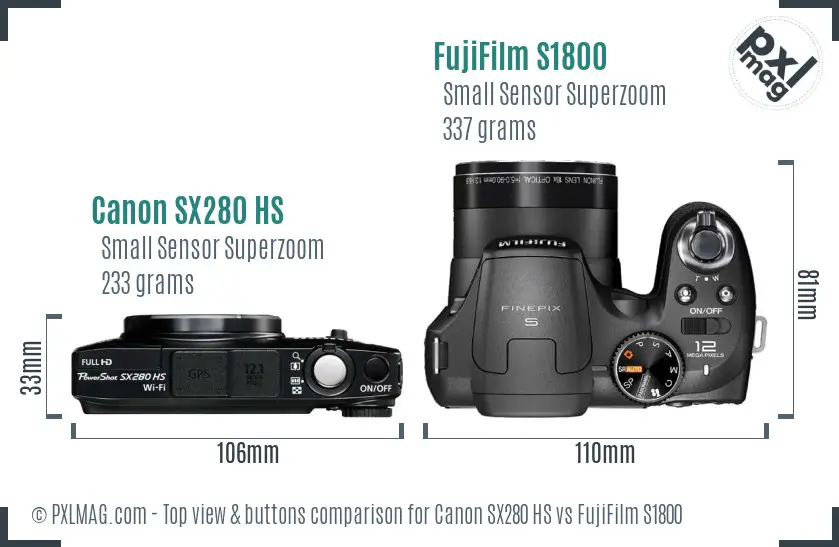 Canon SX280 HS vs FujiFilm S1800 top view buttons comparison