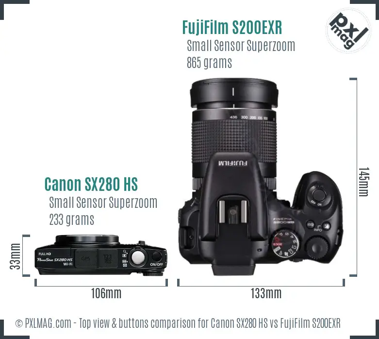 Canon SX280 HS vs FujiFilm S200EXR top view buttons comparison