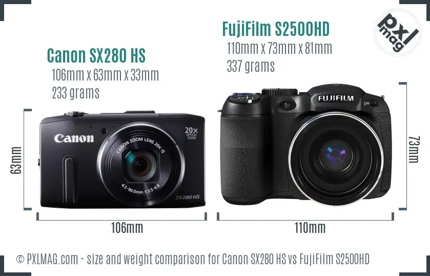 Canon SX280 HS vs FujiFilm S2500HD size comparison