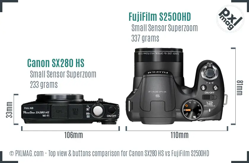 Canon SX280 HS vs FujiFilm S2500HD top view buttons comparison