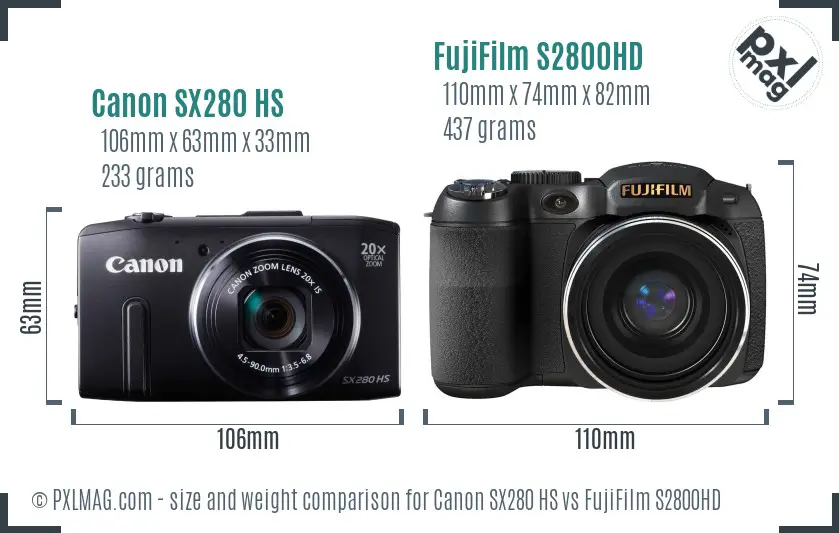Canon SX280 HS vs FujiFilm S2800HD size comparison