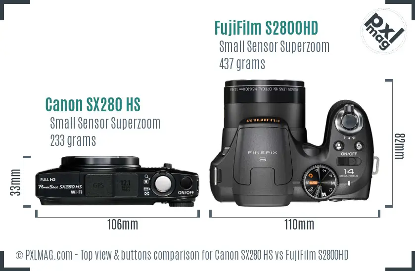 Canon SX280 HS vs FujiFilm S2800HD top view buttons comparison