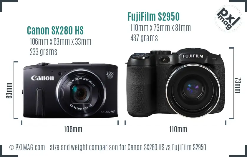 Canon SX280 HS vs FujiFilm S2950 size comparison