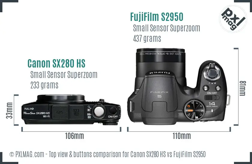Canon SX280 HS vs FujiFilm S2950 top view buttons comparison