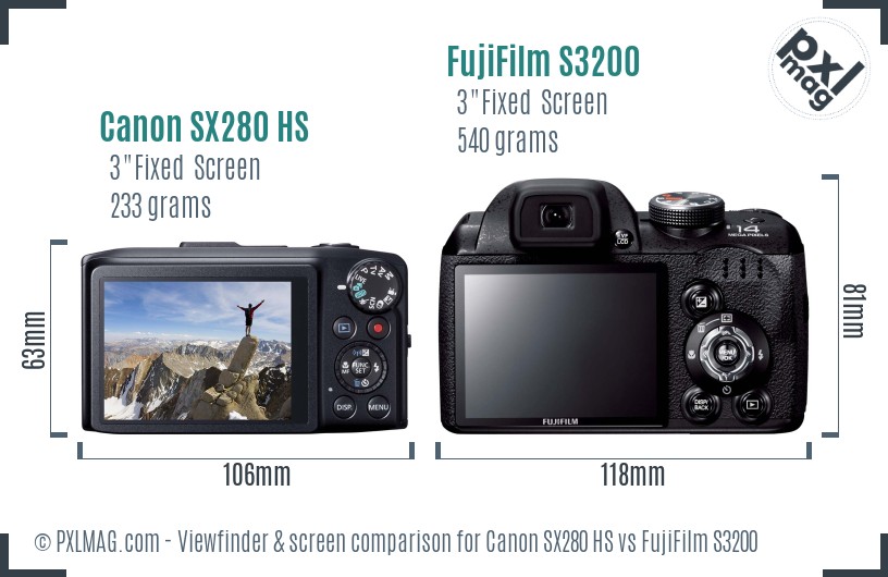 Canon SX280 HS vs FujiFilm S3200 Screen and Viewfinder comparison