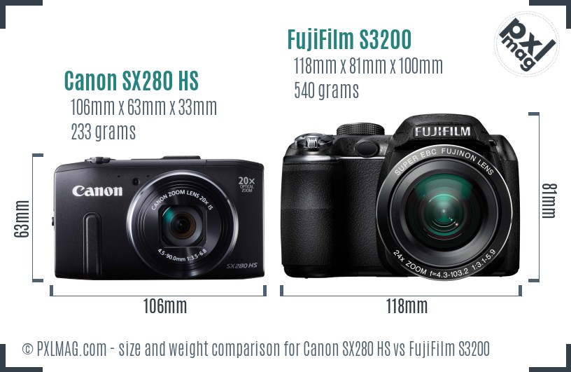 Canon SX280 HS vs FujiFilm S3200 size comparison