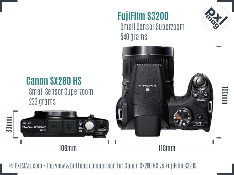 Canon SX280 HS vs FujiFilm S3200 top view buttons comparison