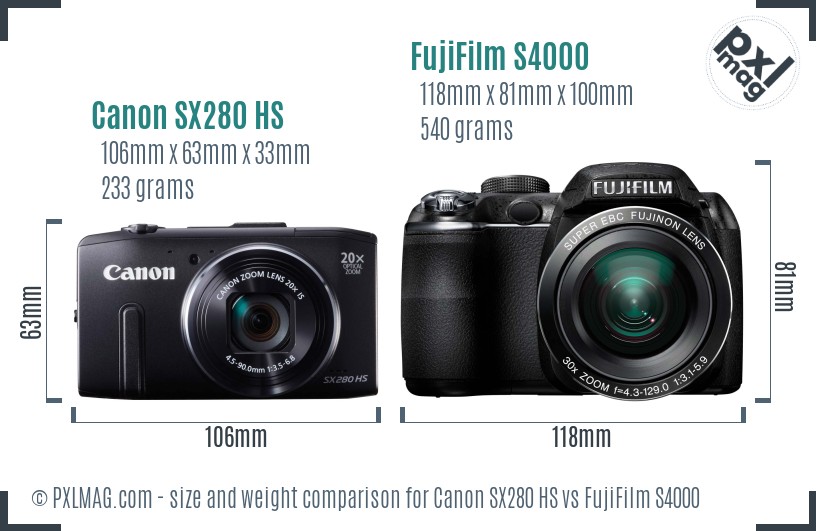 Canon SX280 HS vs FujiFilm S4000 size comparison