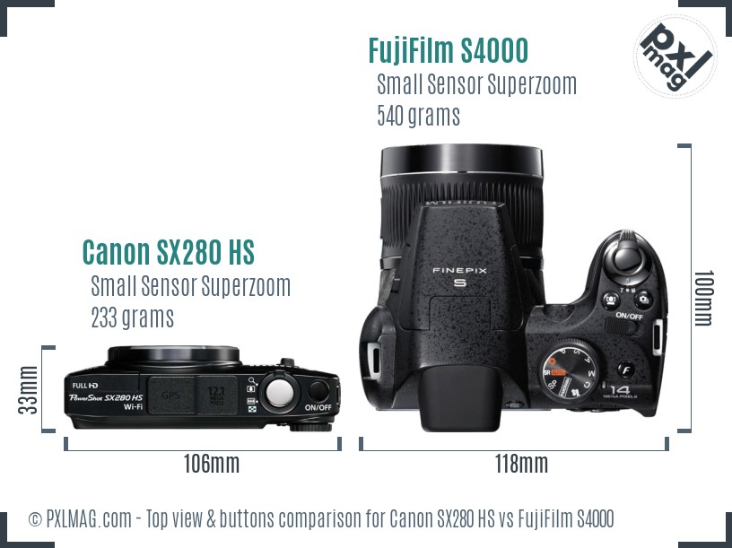 Canon SX280 HS vs FujiFilm S4000 top view buttons comparison