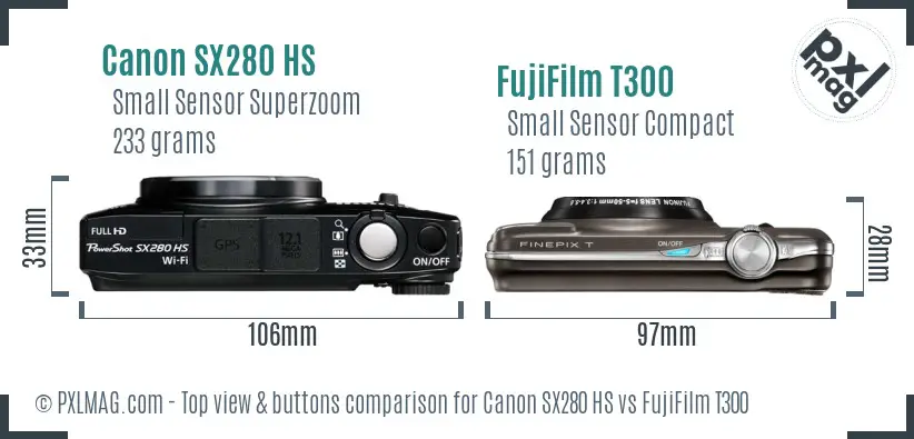 Canon SX280 HS vs FujiFilm T300 top view buttons comparison Canon SX280 HS vs FujiFilm T300 top view buttons comparison