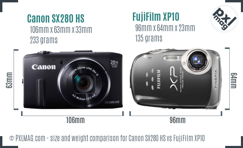 Canon SX280 HS vs FujiFilm XP10 size comparison Canon SX280 HS vs FujiFilm XP10 size comparison