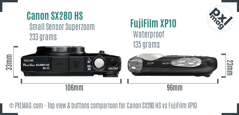 Canon SX280 HS vs FujiFilm XP10 top view buttons comparison