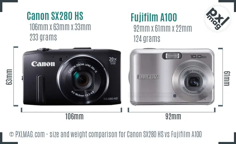Canon SX280 HS vs Fujifilm A100 size comparison